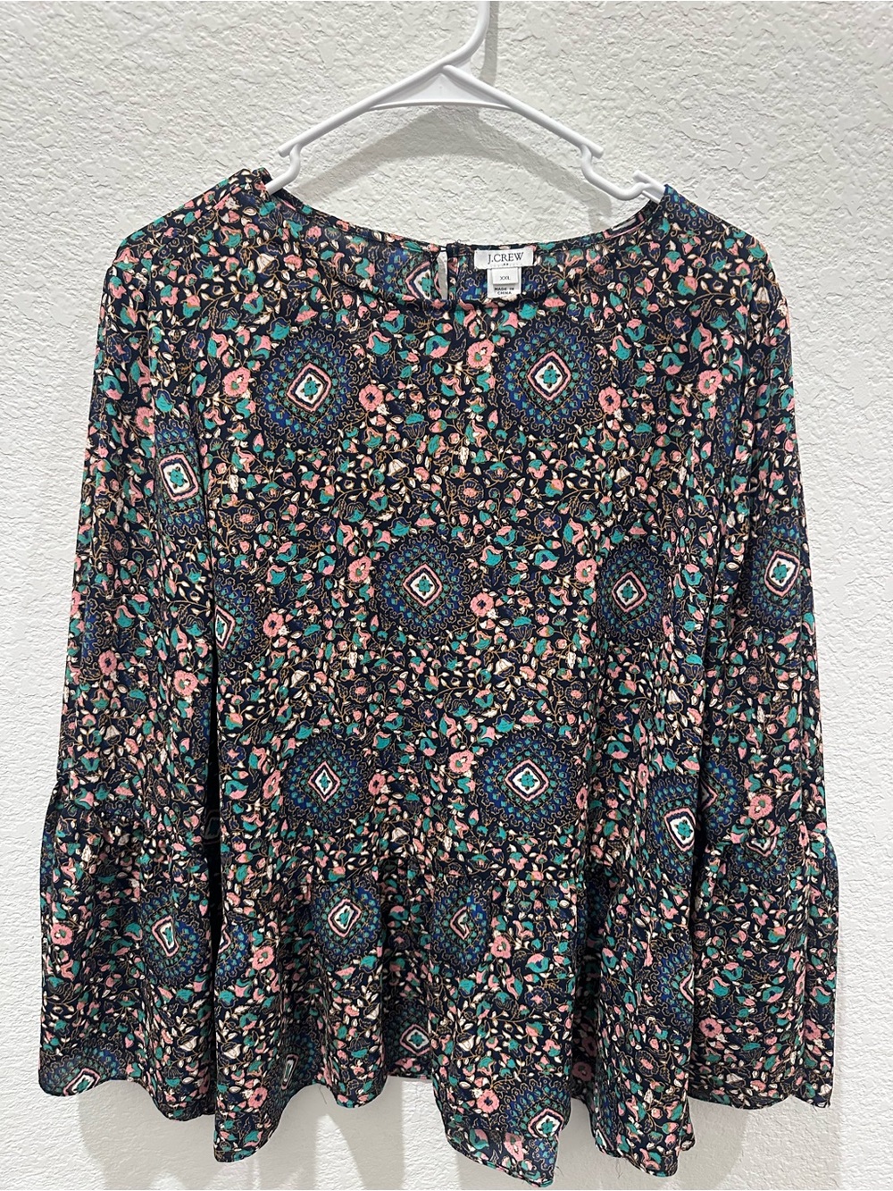 J.Crew Navy Floral Medallion Bell Sleeve Peplum Blouse XXL Bohemian Top